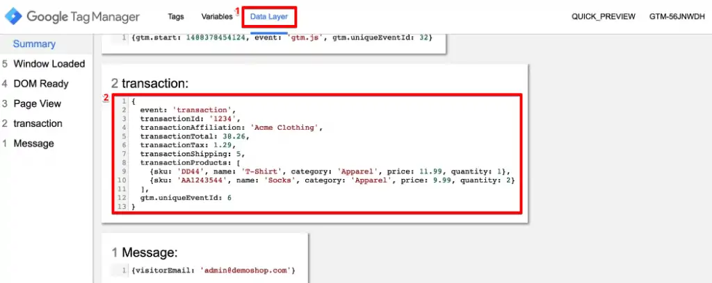 Identifying key-pair data points from the data layer section of the quick preview window in GTM preview mode