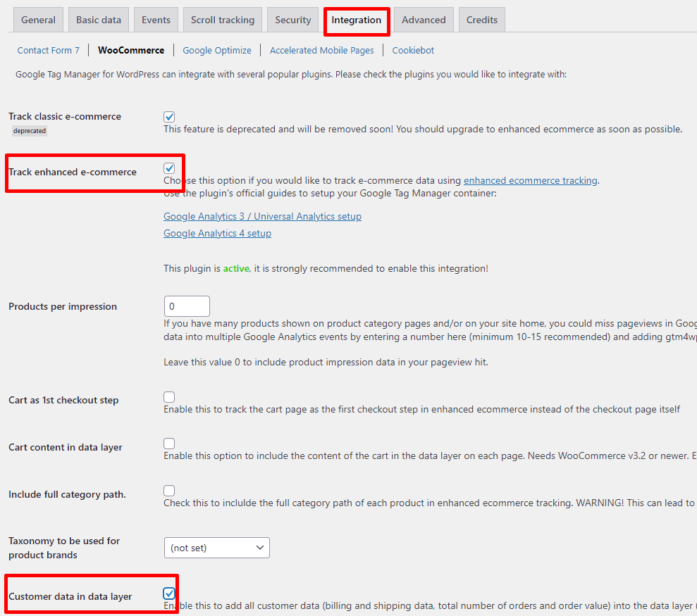 Navigating to WooCommerce in the plugin settings and activating Customer data in the data layer