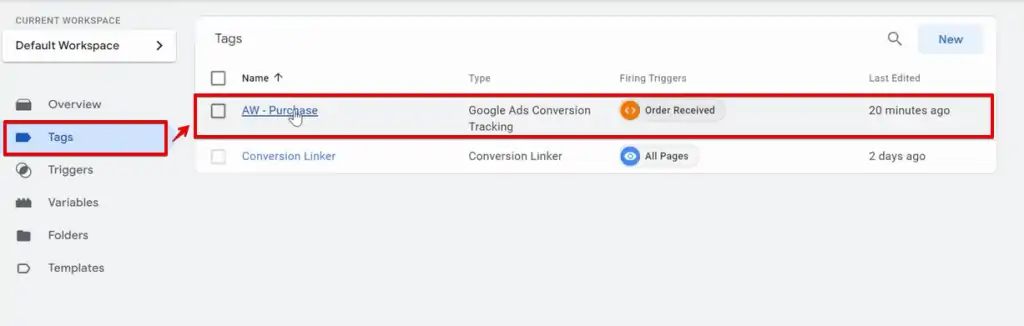 Selecting the conversion tracking event in Tags