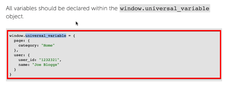 Universal variable code that is stored in a JavaScript variable for implementation into the data layer