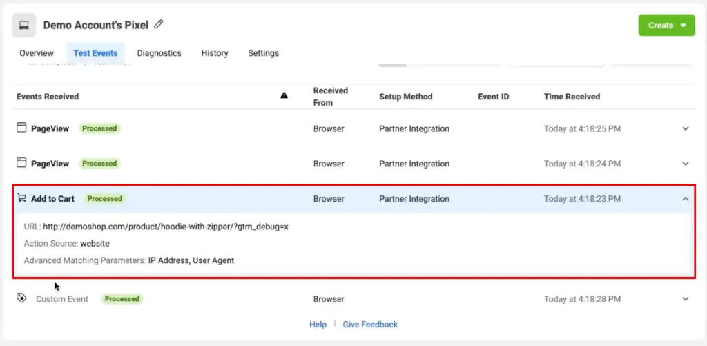 Verifying fired event data from the Facebook Business Manager account