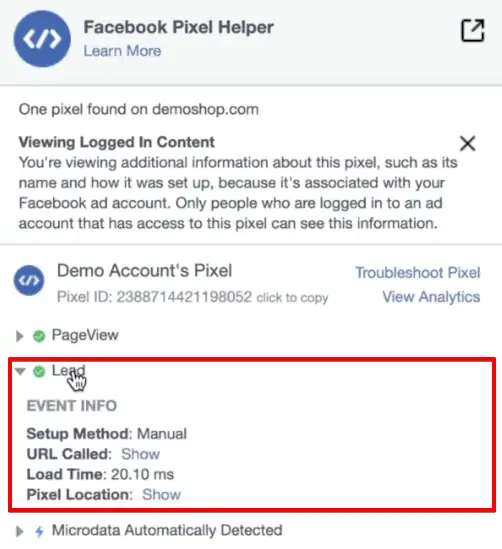 Verifying the fired Tags from the Facebook Pixel extension of the browser