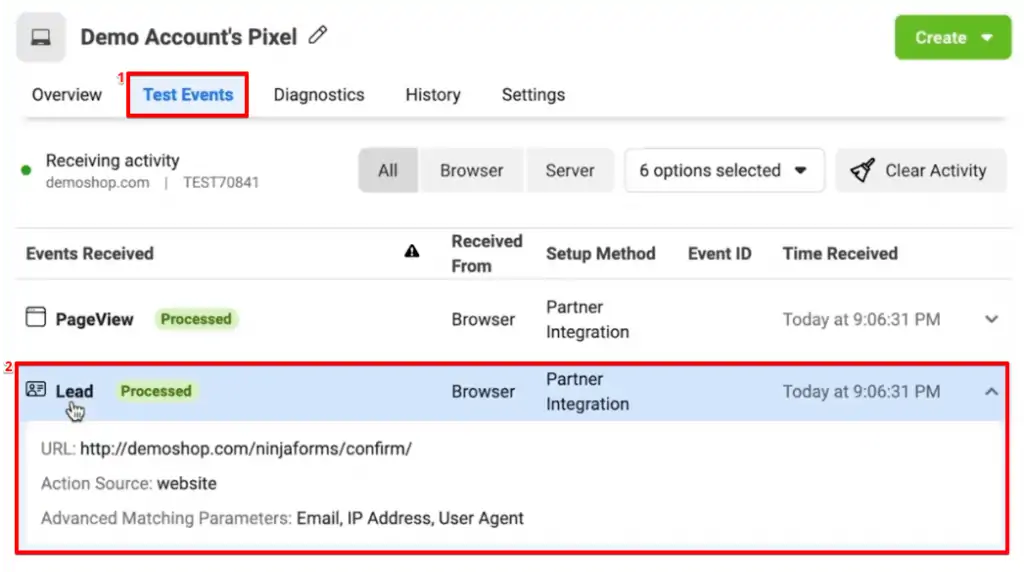 Verifying the fired Tags from the Test Events section of the Facebook Pixel account