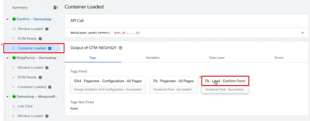 Verifying the fired Tags from the loaded container of the Tag Assistant account