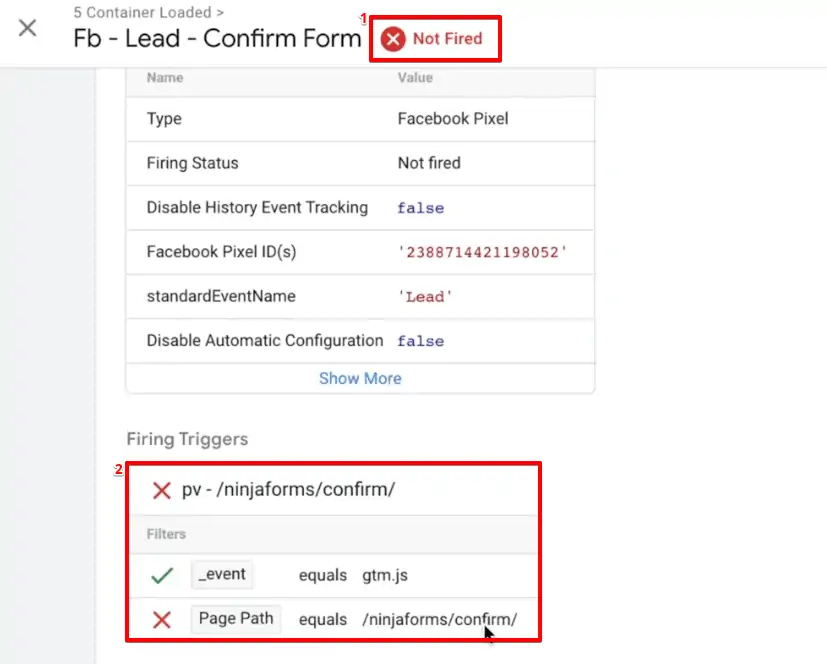 Verifying the fired trigger from the loaded container of the Tag Assistant account