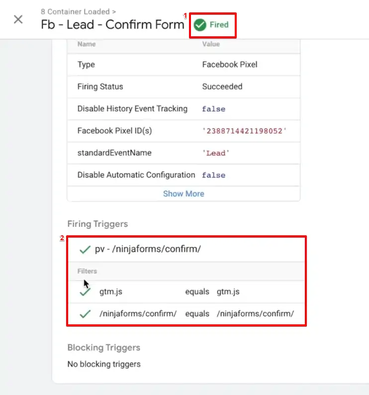 Verifying the fired triggers from the loaded container of the Tag Assistant account