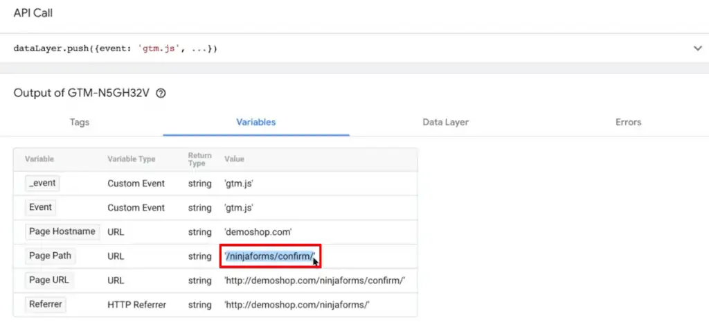 Verifying the fired variables from the loaded container of the Tag Assistant account