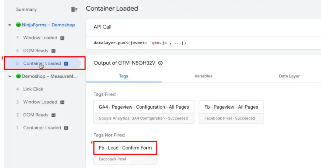 Verifying the fired variables from the loaded container of the Tag Assistant account