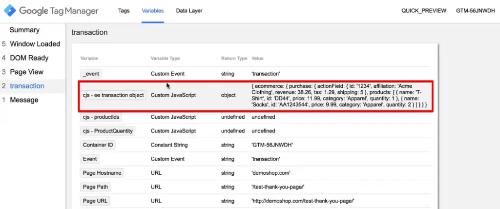 Verifying the key-pair data points from the preview window of GTM