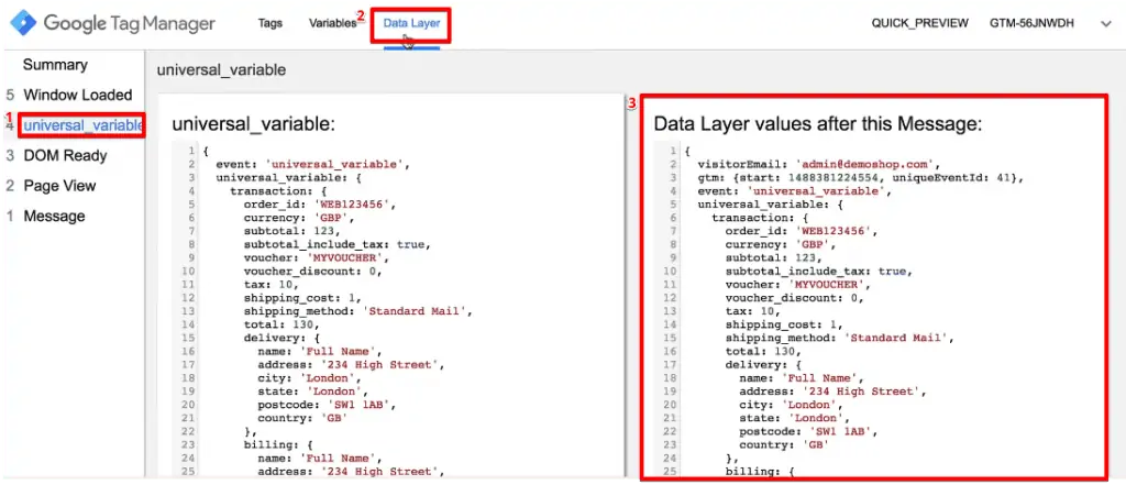 Verifying the output of the data layer values after configuring the universal variable to pull specific information