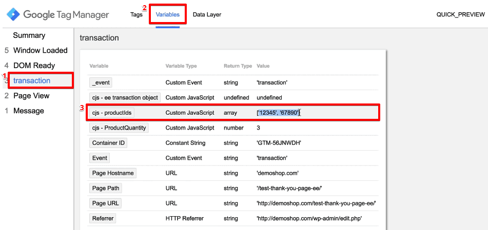 Verifying the product IDs from the variables section of the transaction event on the GTM preview window