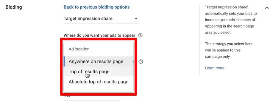 Available ad location options in target impression share bid strategy