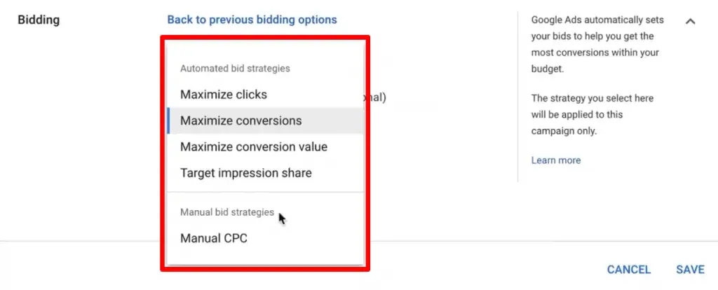 Available bid strategies in Google Ads