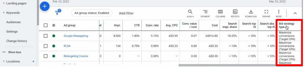 Bid strategy type column in Google Ads