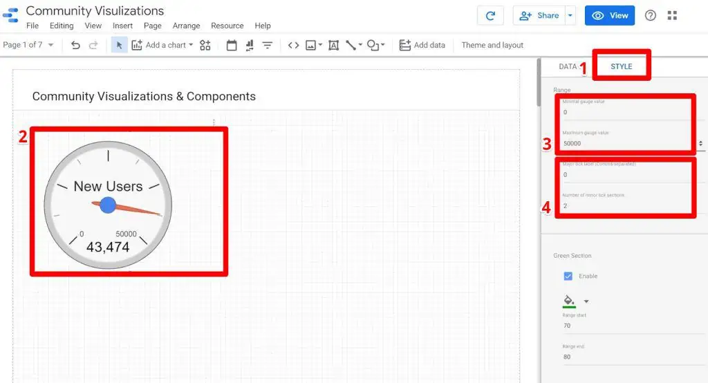 Configuring community visualizations and components for a gauge chart on Looker Studio