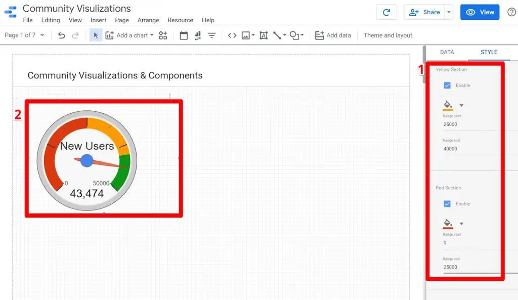 Configuring 3 sections for a gauge chart on Looker Studio