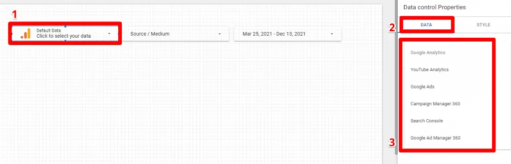 Configuring data source control components for creating interactive dashboards on Looker Studio