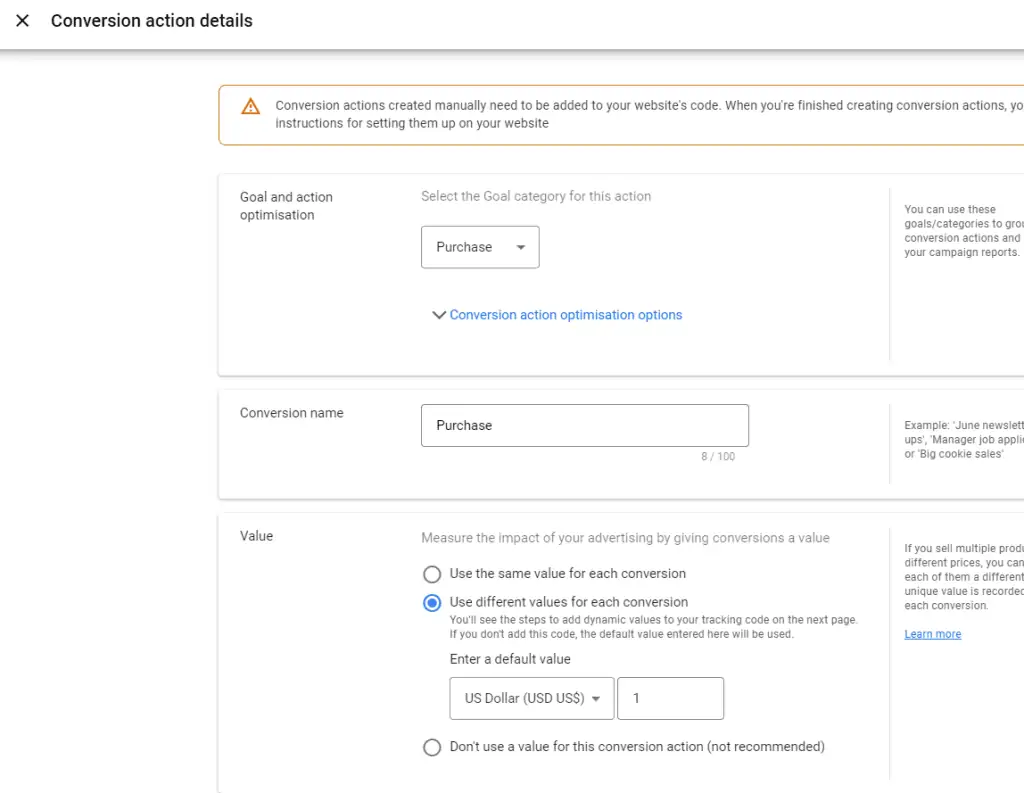 Conversion configuration in the Ads account