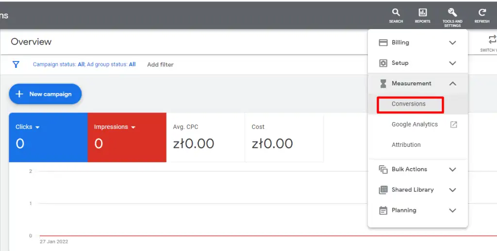 Creating a conversion in the Ads account
