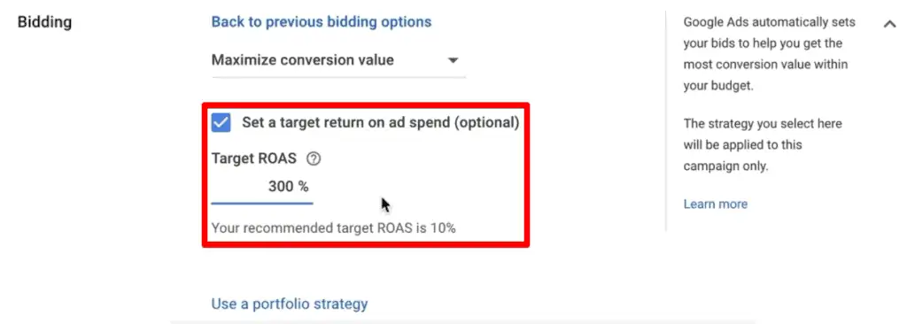 Maximize conversion value bid strategy with a target return on ad spend
