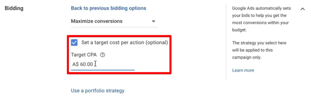 Maximize conversions bid strategy with a target cost per action