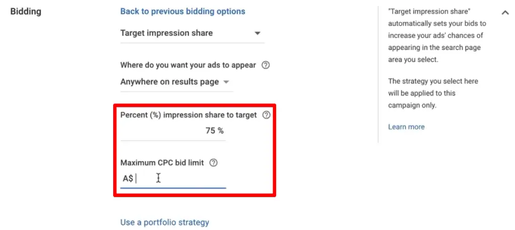 Percent impression share to target and maximum CPC bid limit for target impression share bid strategy