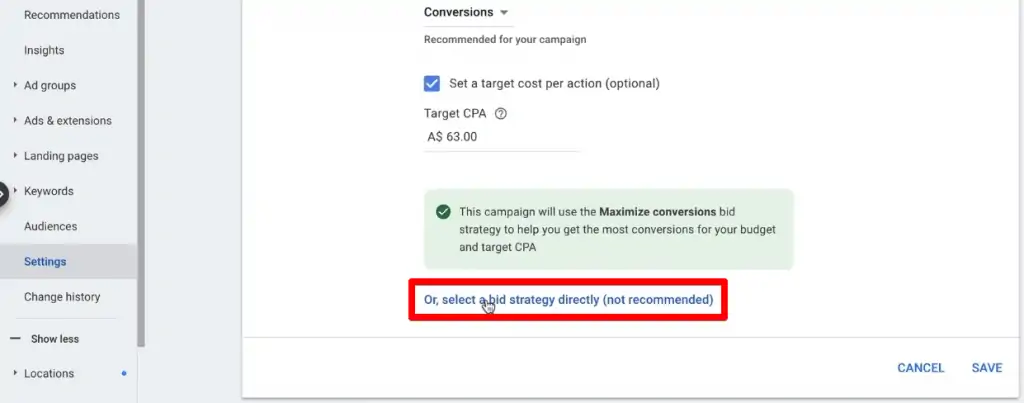 Selecting a bid strategy directly