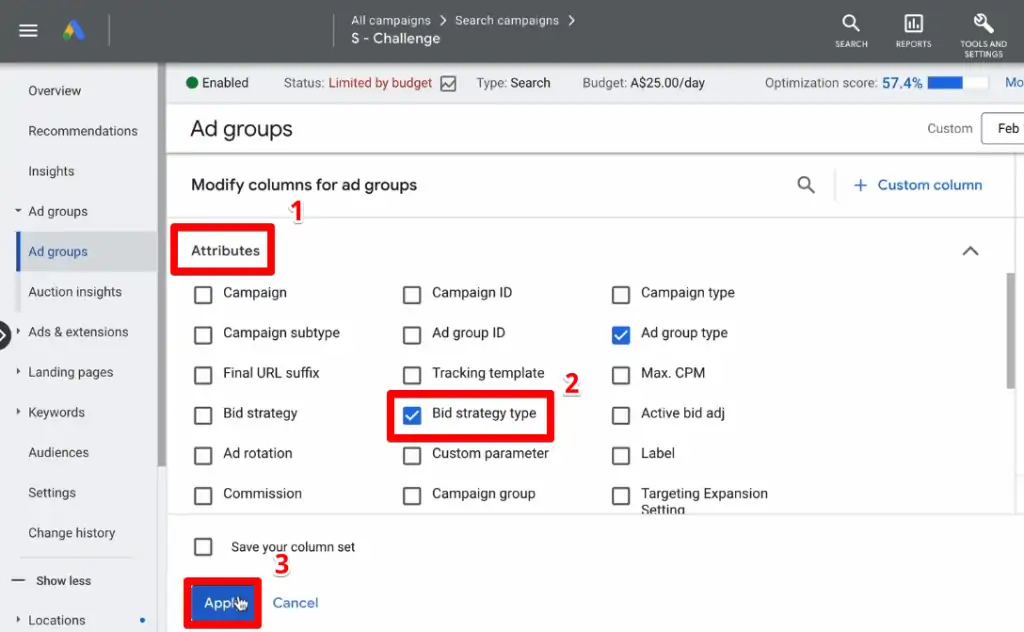 Steps for adding the bid strategy type column in Google Ads
