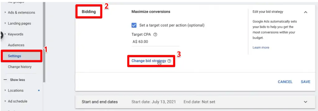 Steps for changing current bid strategy