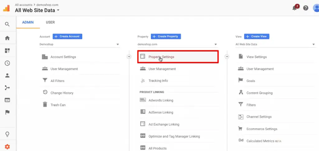 Accessing the property settings from the Google Analytics account