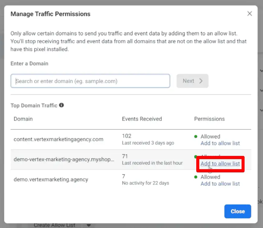 Adding a domain from the top domain traffic list to the allow list