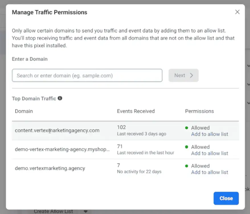 Allow list creation screen in Meta Pixel
