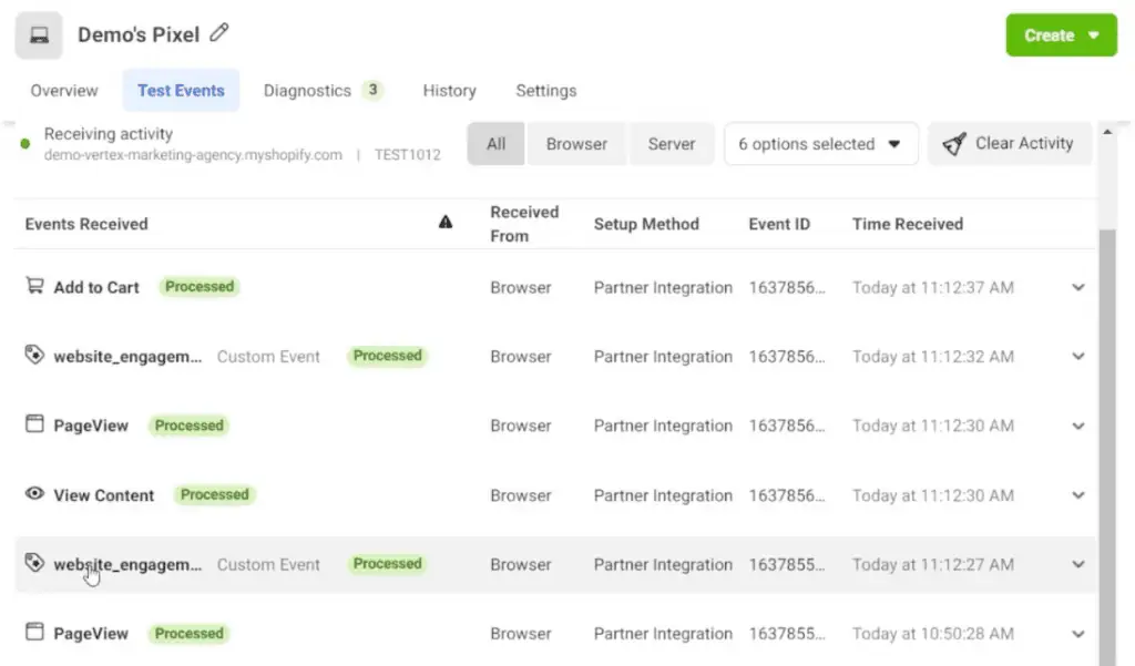 An updated list of events in the test events tab