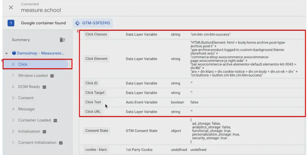 Analyzing the click elements from the click section of GTM preview window