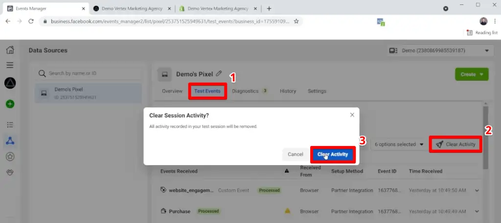 Clearing session activity on the test events tab in Meta Pixel