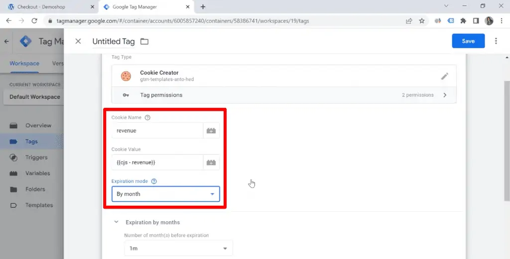 Configuration of a new Cookie Creator Tag