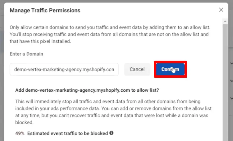 Confirming an addition of a domain to the allow list