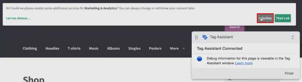 Declining cookies from the consent banner of the browser