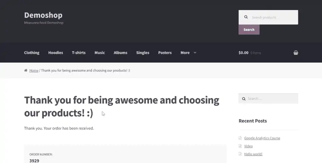 Demo confirmation page showing absence of revenue generated