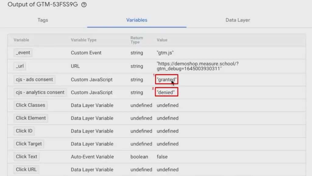 Display of granted on cjs - ads consent and denied on cjs - analytics consent on the initialization section of GTM preview window