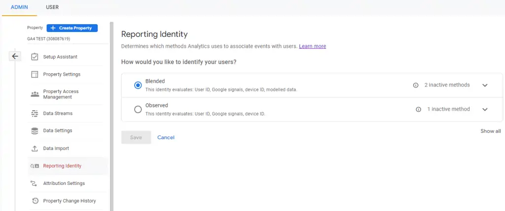 GA4 Reporting Identity Settings