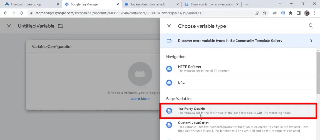 Google Tag Manager screen for creating 1st-Party Cookie variables