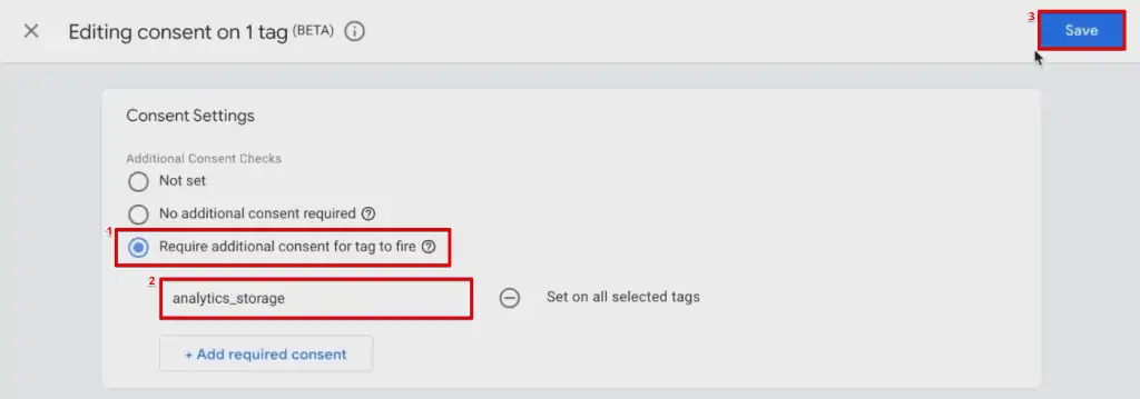 Modifying consent settings and adding analytics storage for a Tag in GTM