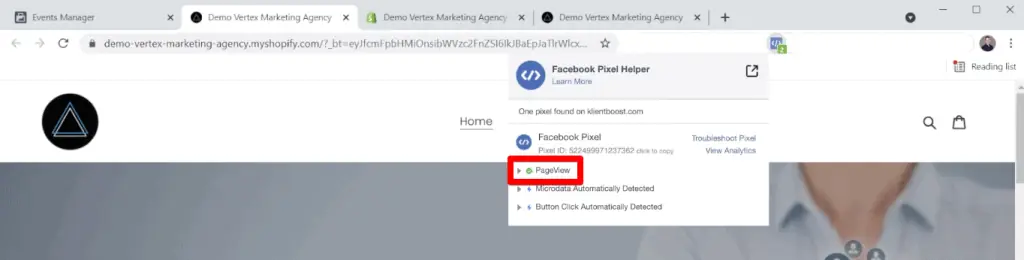 PageView event on Facebook Pixel Helper extension