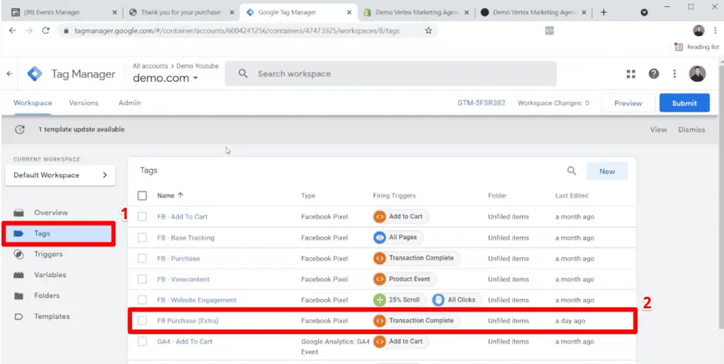 Selecting the tag sending the purchase event to Meta Pixel