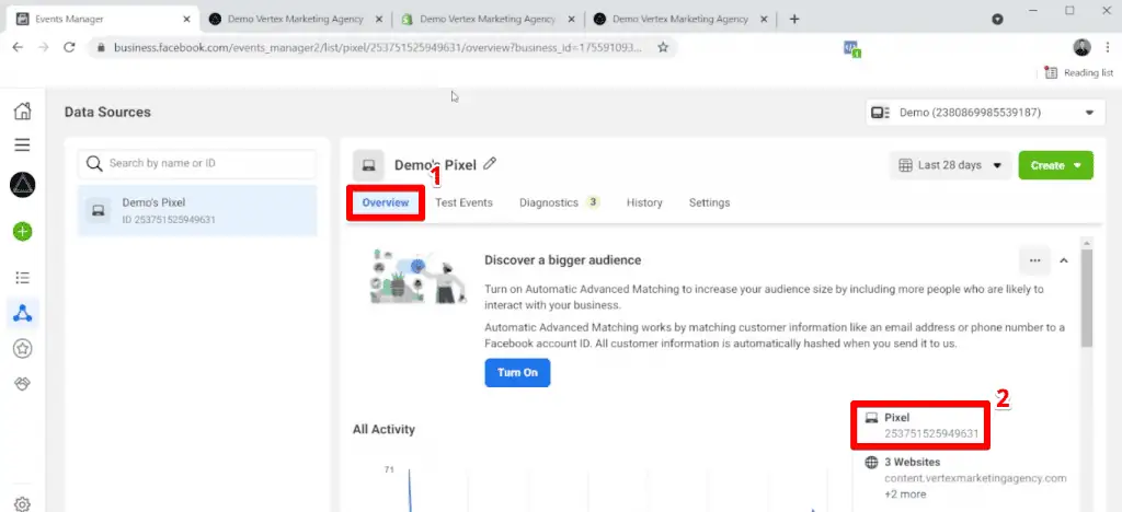 Viewing the Pixel ID in the overview tab