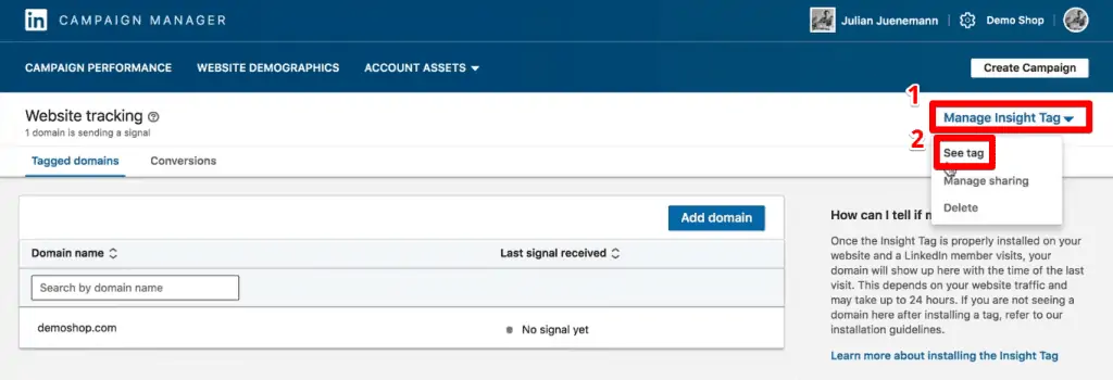 Accessing the insight tag installation methods