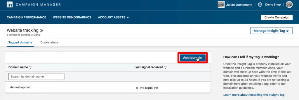 Adding a domain to the insight tag