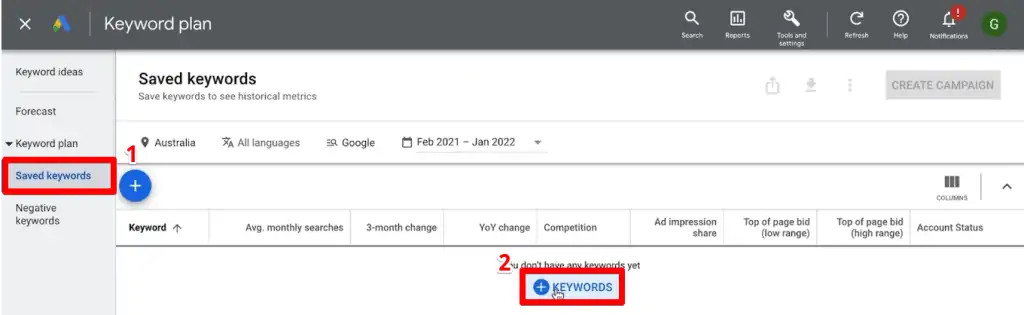 Adding keywords to the keyword plan