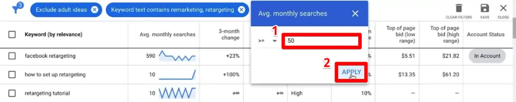 Applying the average monthly searches filter